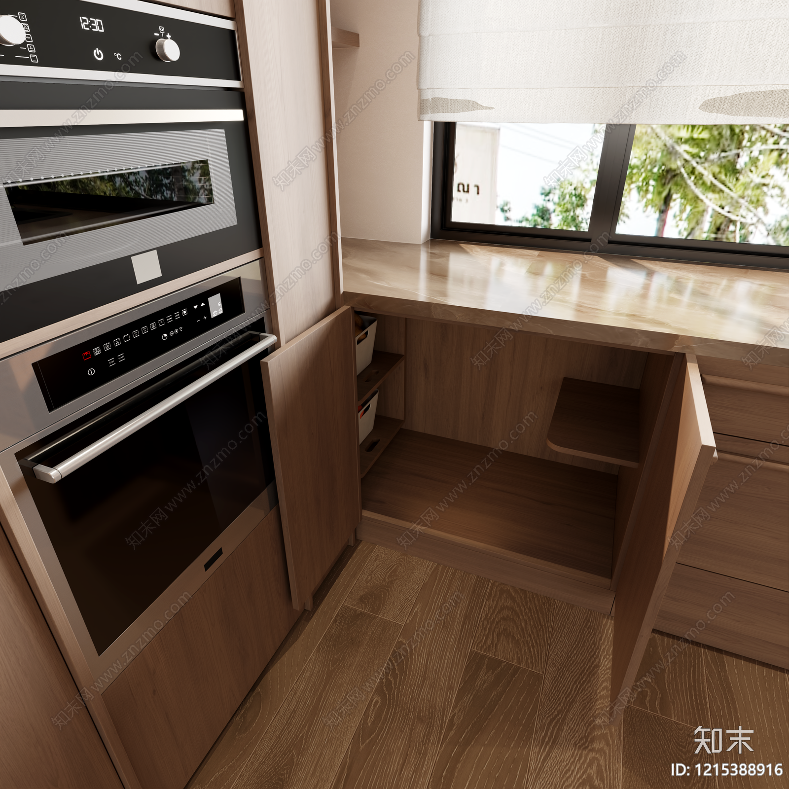 原木风封闭式厨房3D模型下载【ID:1215388916】