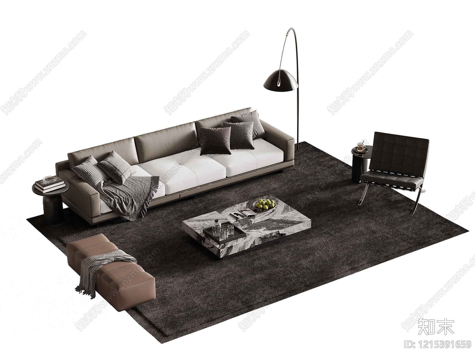 意式极简沙发茶几组合SU模型下载【ID:1215391659】