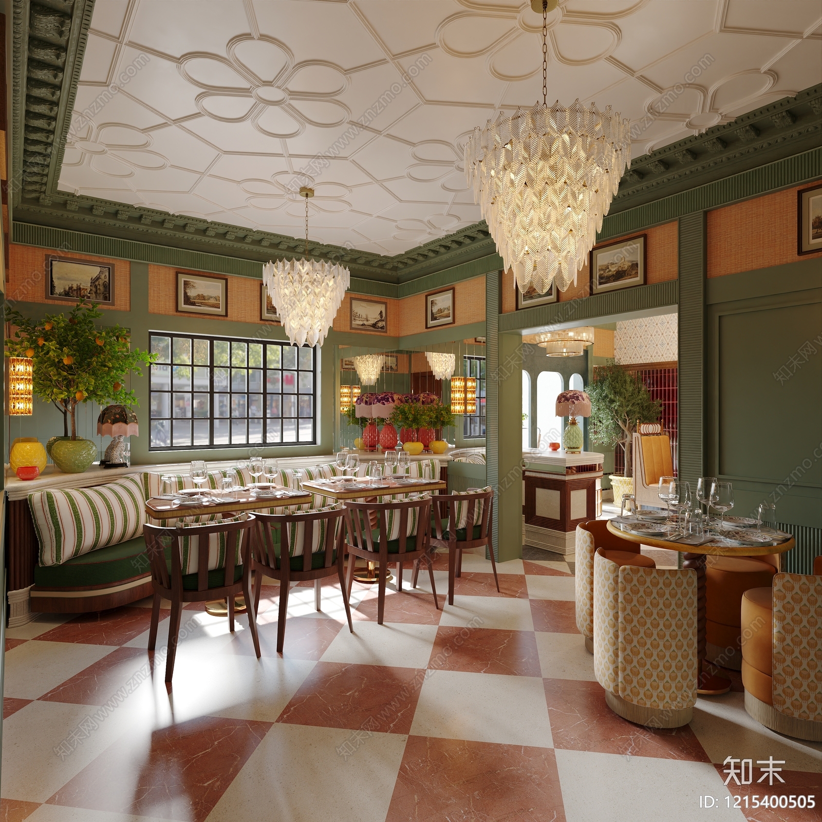 复古轻奢风西餐厅3D模型下载【ID:1215400505】