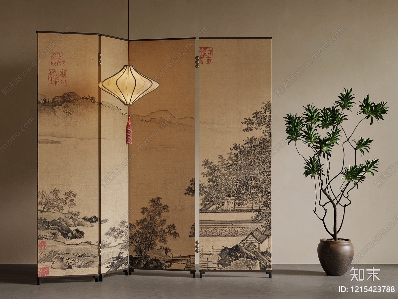 新中式屏风SU模型下载【ID:1215423788】