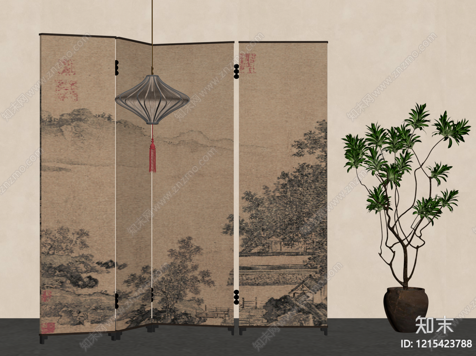 新中式屏风SU模型下载【ID:1215423788】