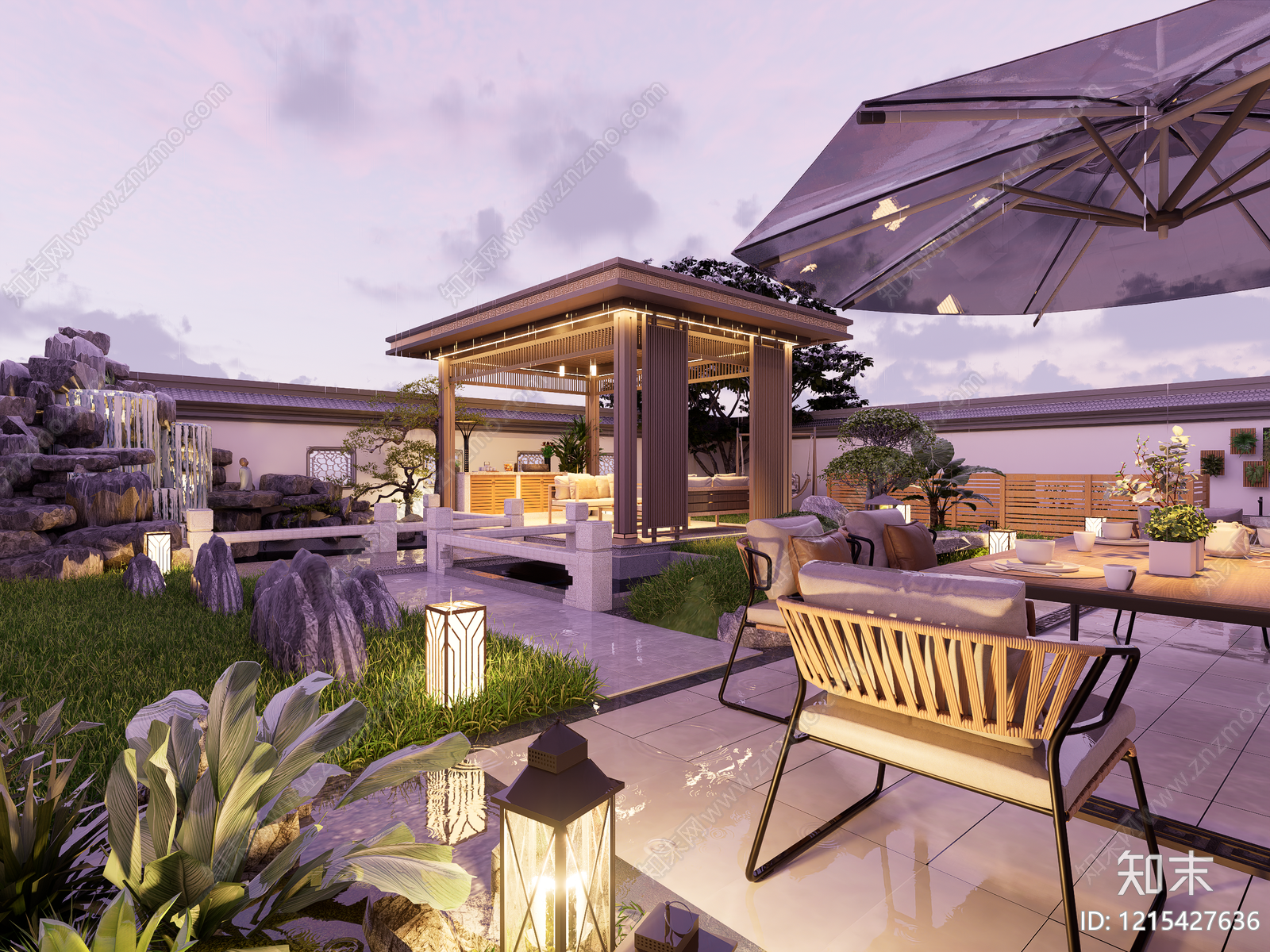新中式别墅庭院SU模型下载【ID:1215427636】