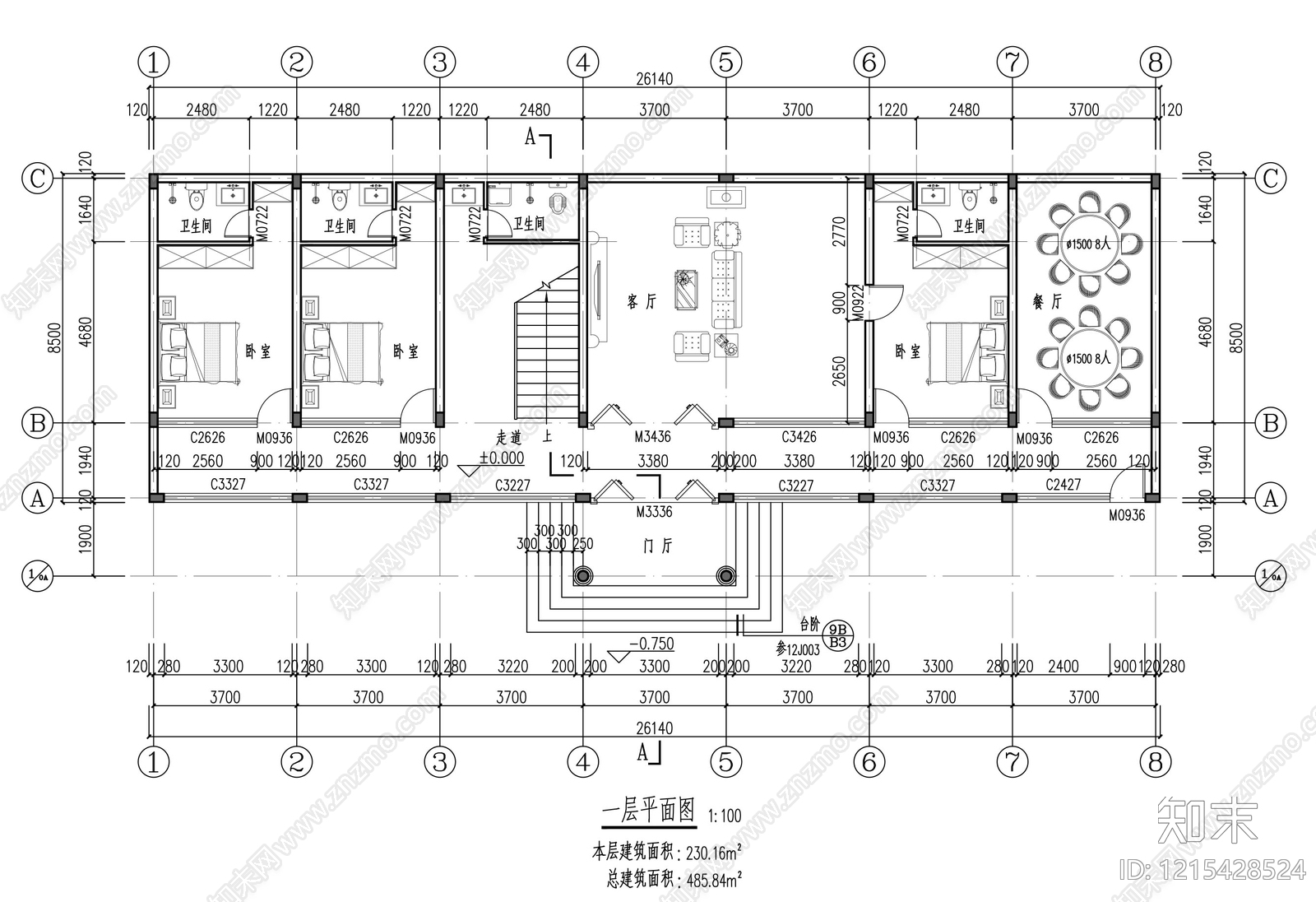 禅意中式别墅建筑cad施工图下载【ID:1215428524】