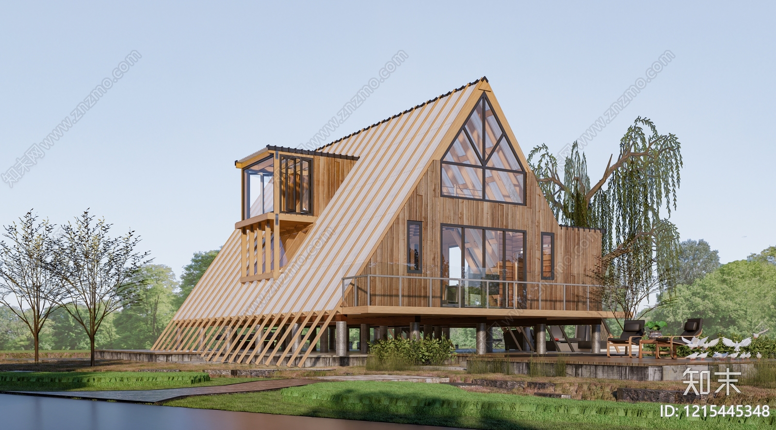 现代原木风独栋别墅SU模型下载【ID:1215445348】