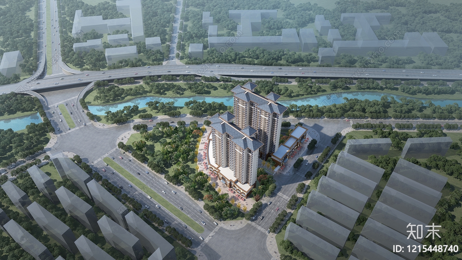 新中式小高层住宅楼3D模型下载【ID:1215448740】