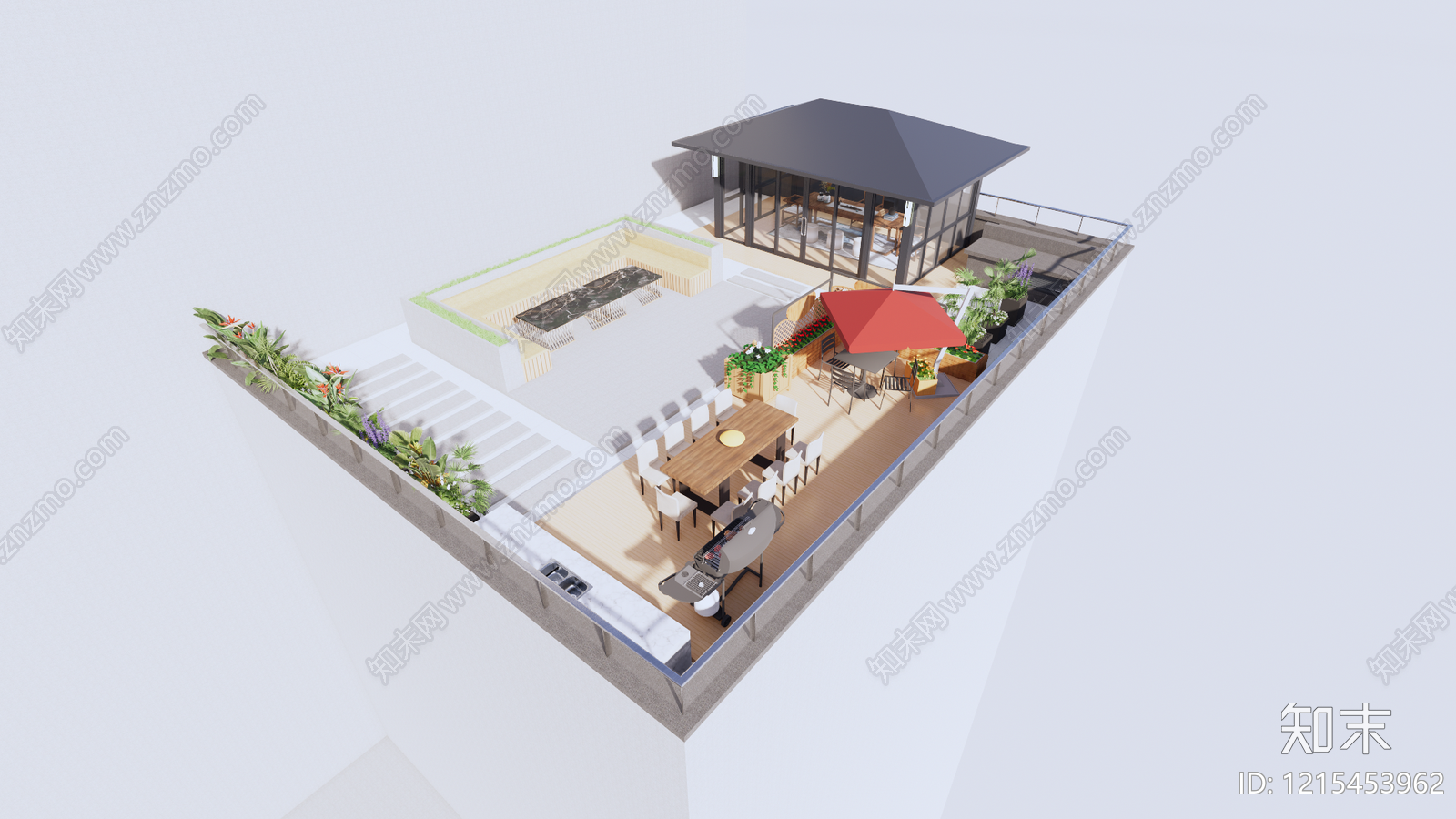 新中式屋顶花园SU模型下载【ID:1215453962】