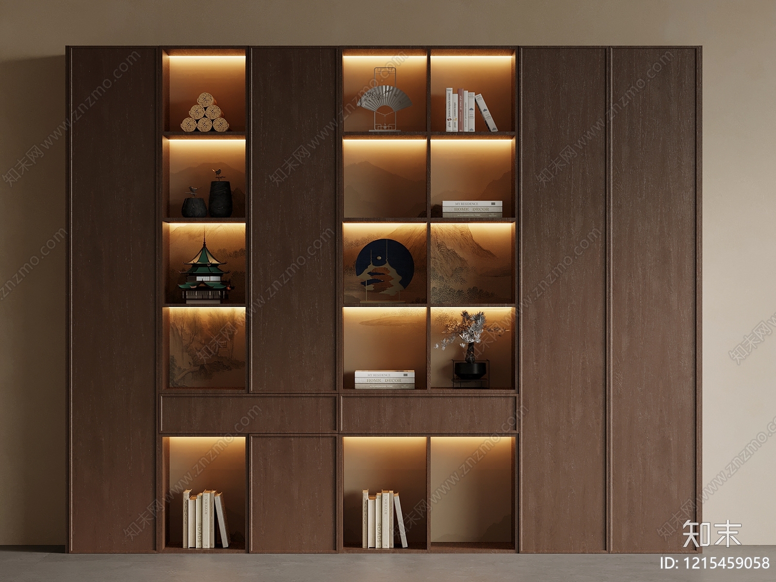 新中式书柜3D模型下载【ID:1215459058】