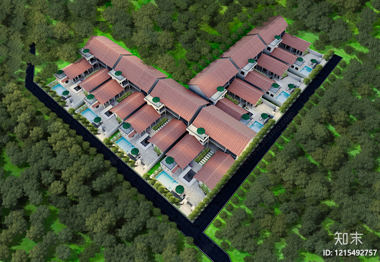 新中式联排别墅3D模型下载【ID:1215492757】