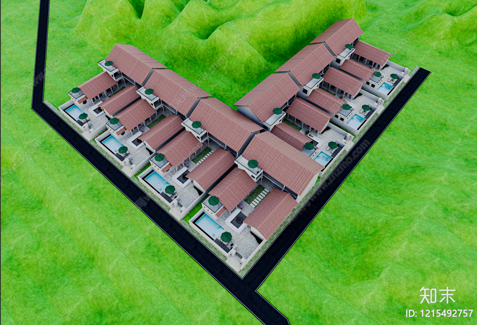 新中式联排别墅3D模型下载【ID:1215492757】