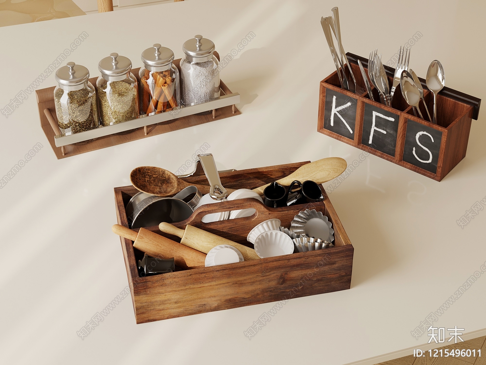 原木风厨房用品组合SU模型下载【ID:1215496011】