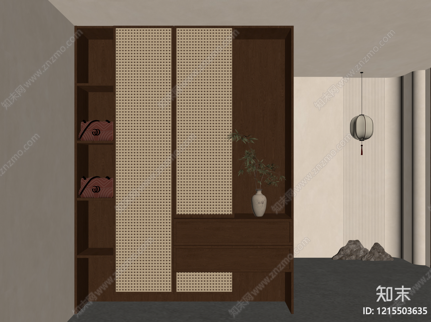 新中式玄关柜SU模型下载【ID:1215503635】