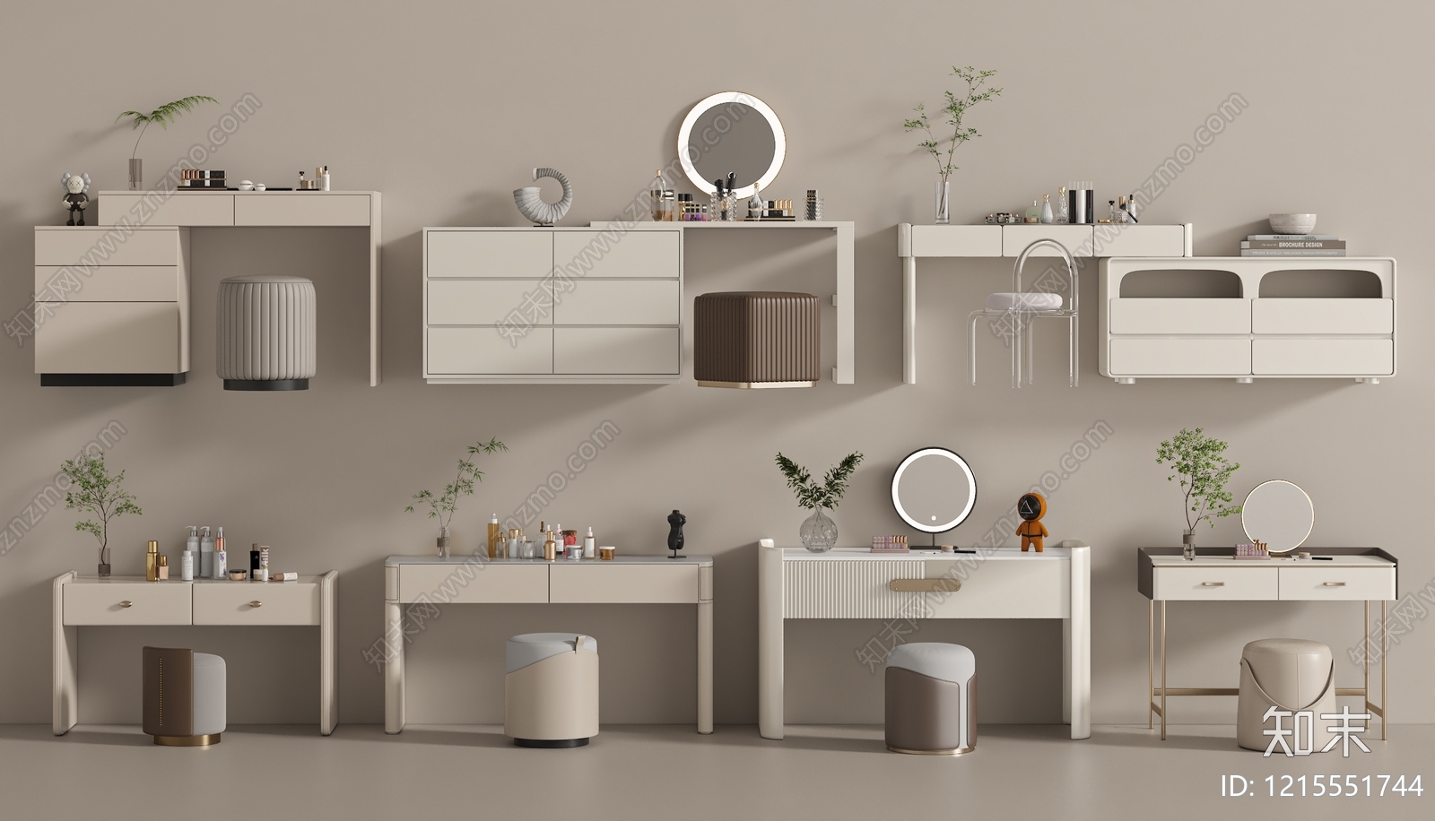 奶油风妆台妆凳3D模型下载【ID:1215551744】