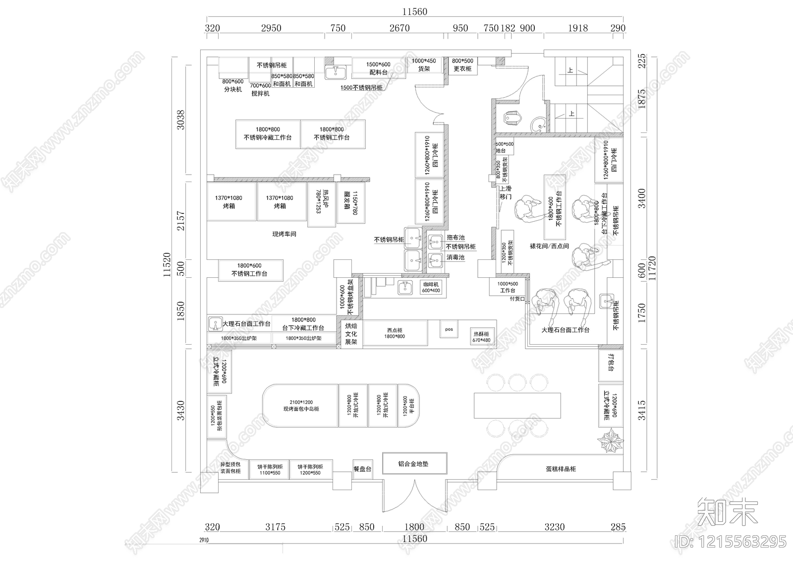 现代面包店cad施工图下载【ID:1215563295】