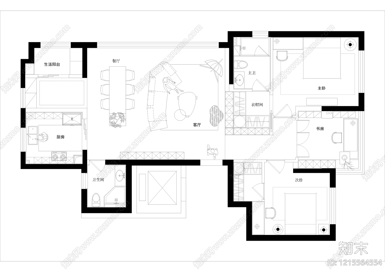 小户型平层cad施工图下载【ID:1215564554】