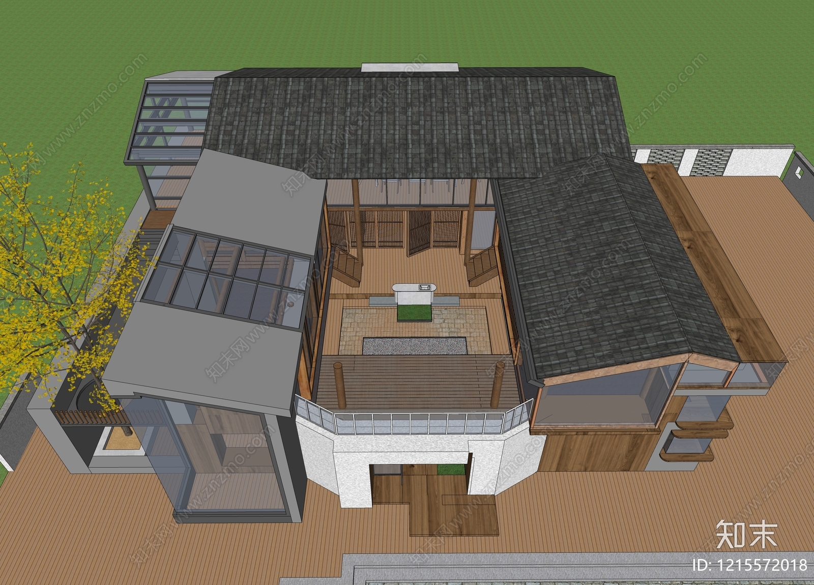 新中式民宿建筑SU模型下载【ID:1215572018】