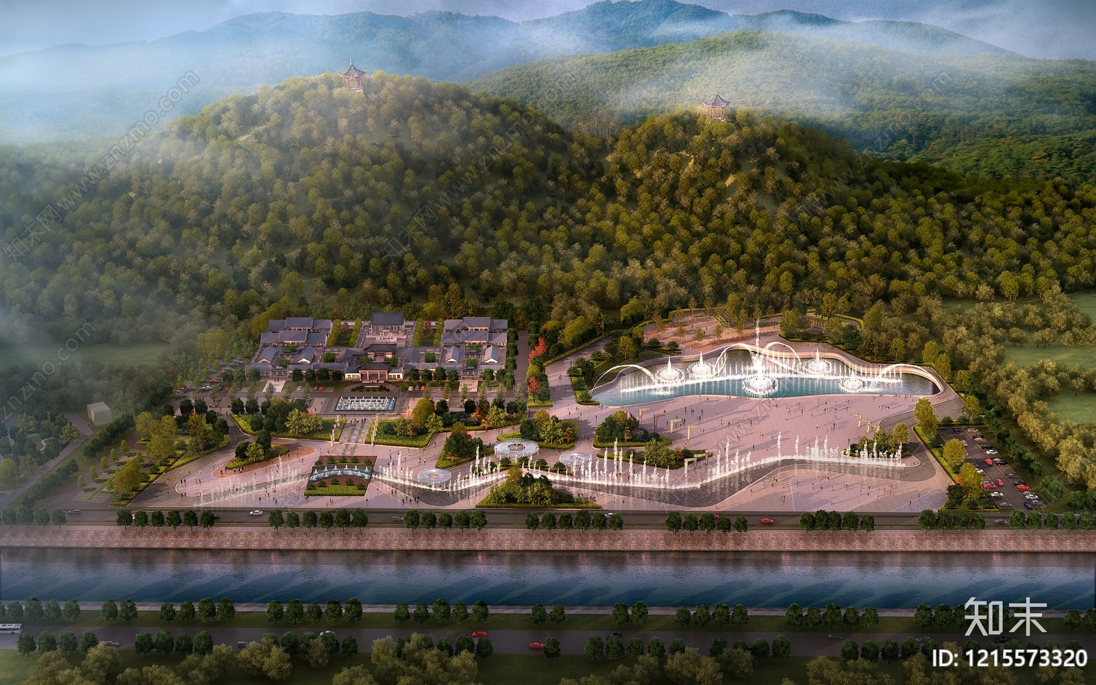 新中式景观广场景观3D模型渲染效果图