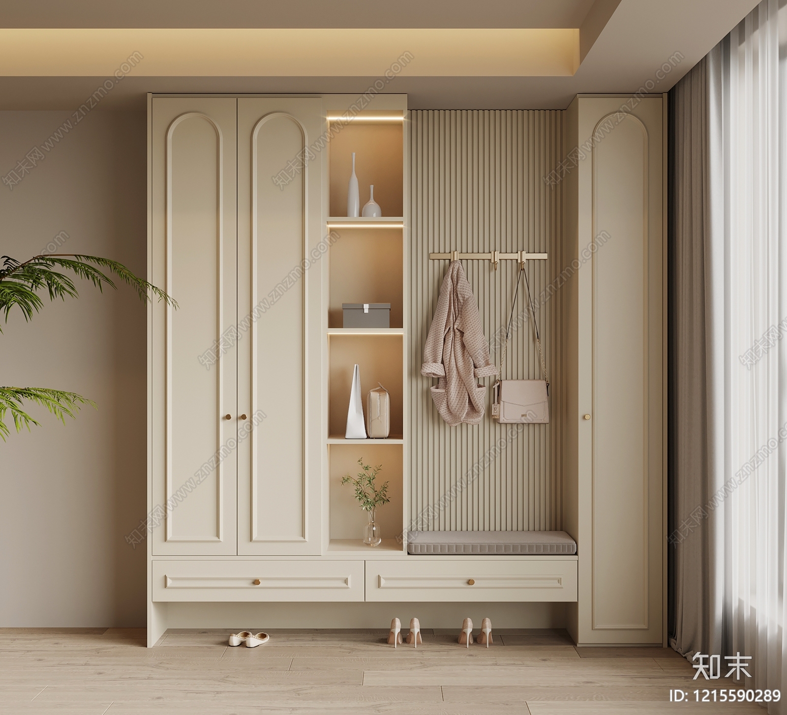 奶油风鞋柜3D模型下载【ID:1215590289】