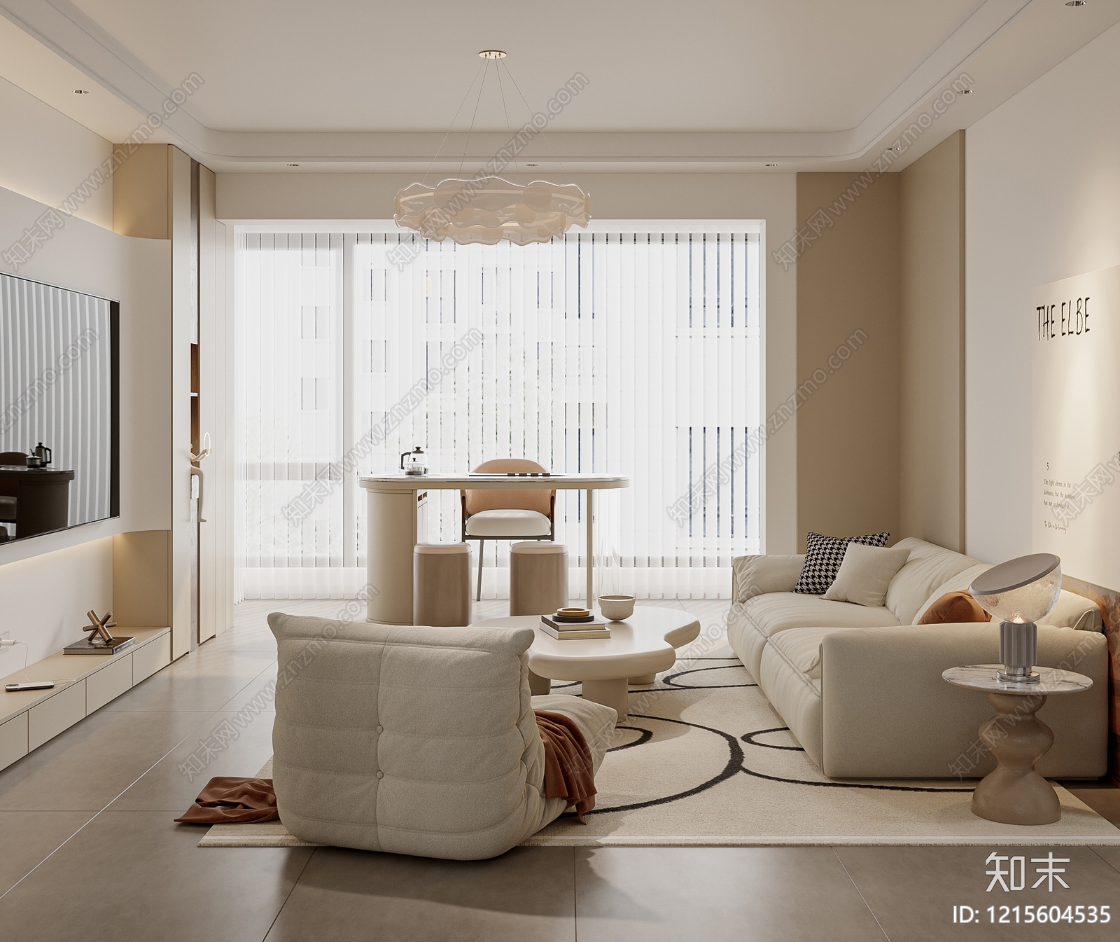 奶油风大平层客餐厅3D模型下载【ID:1215604535】