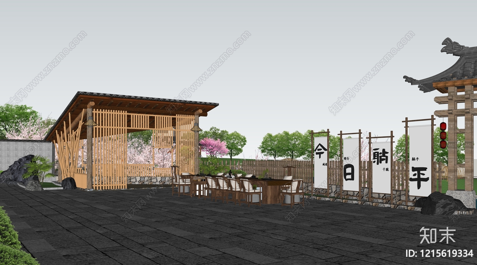 新中式民宿建筑SU模型下载【ID:1215619334】