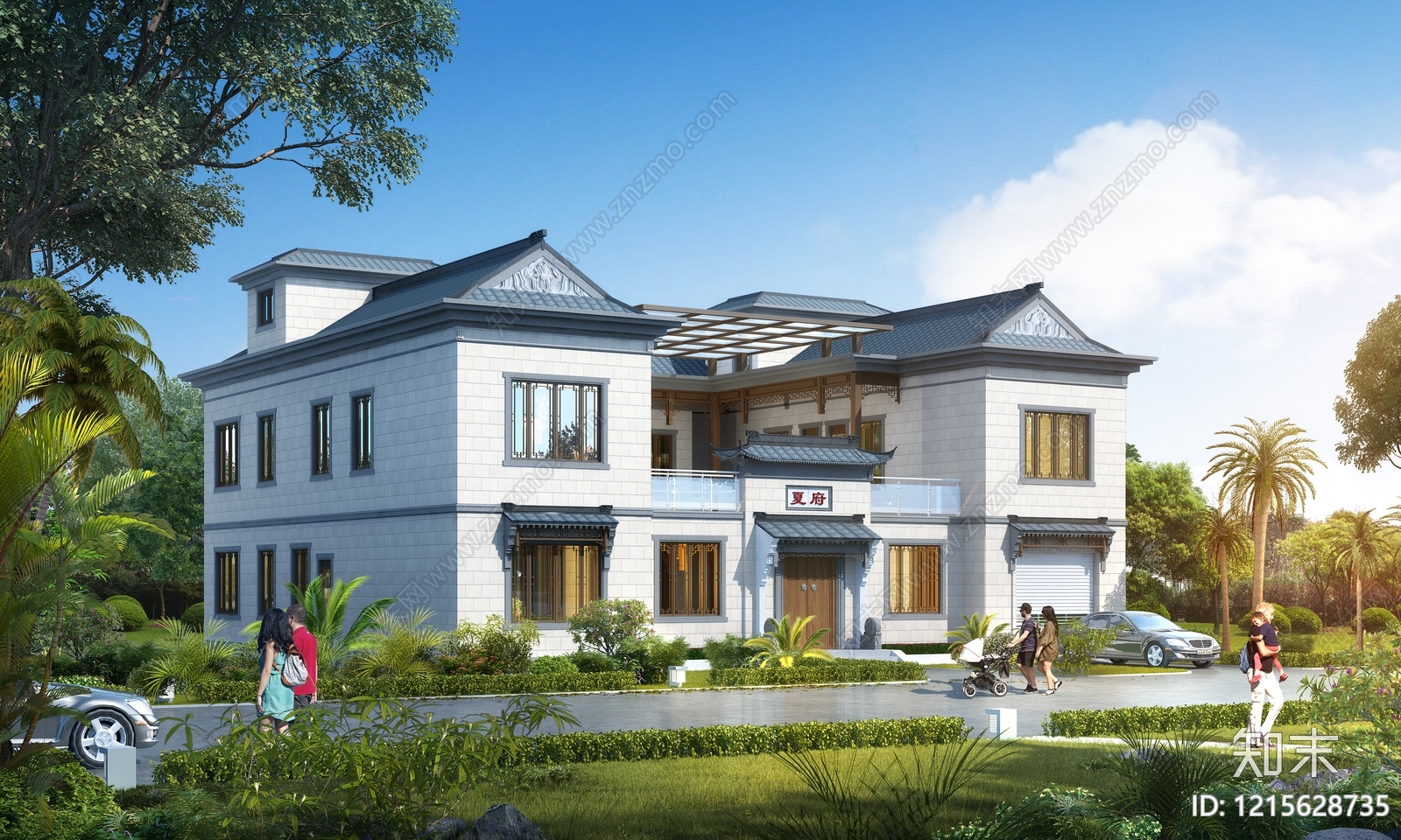 新中式别墅外观3D模型下载【ID:1215628735】