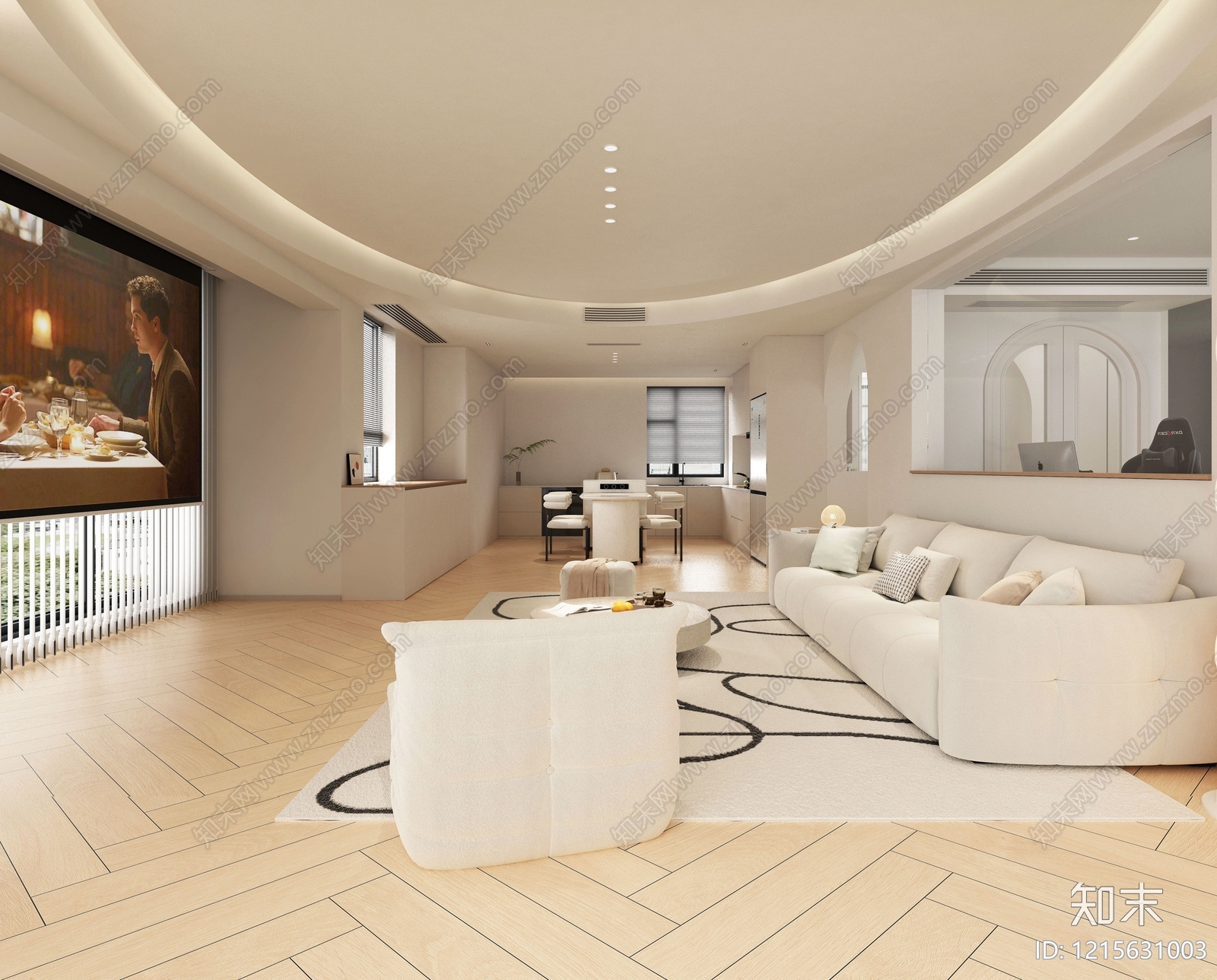 奶油风大平层客餐厅3D模型下载【ID:1215631003】