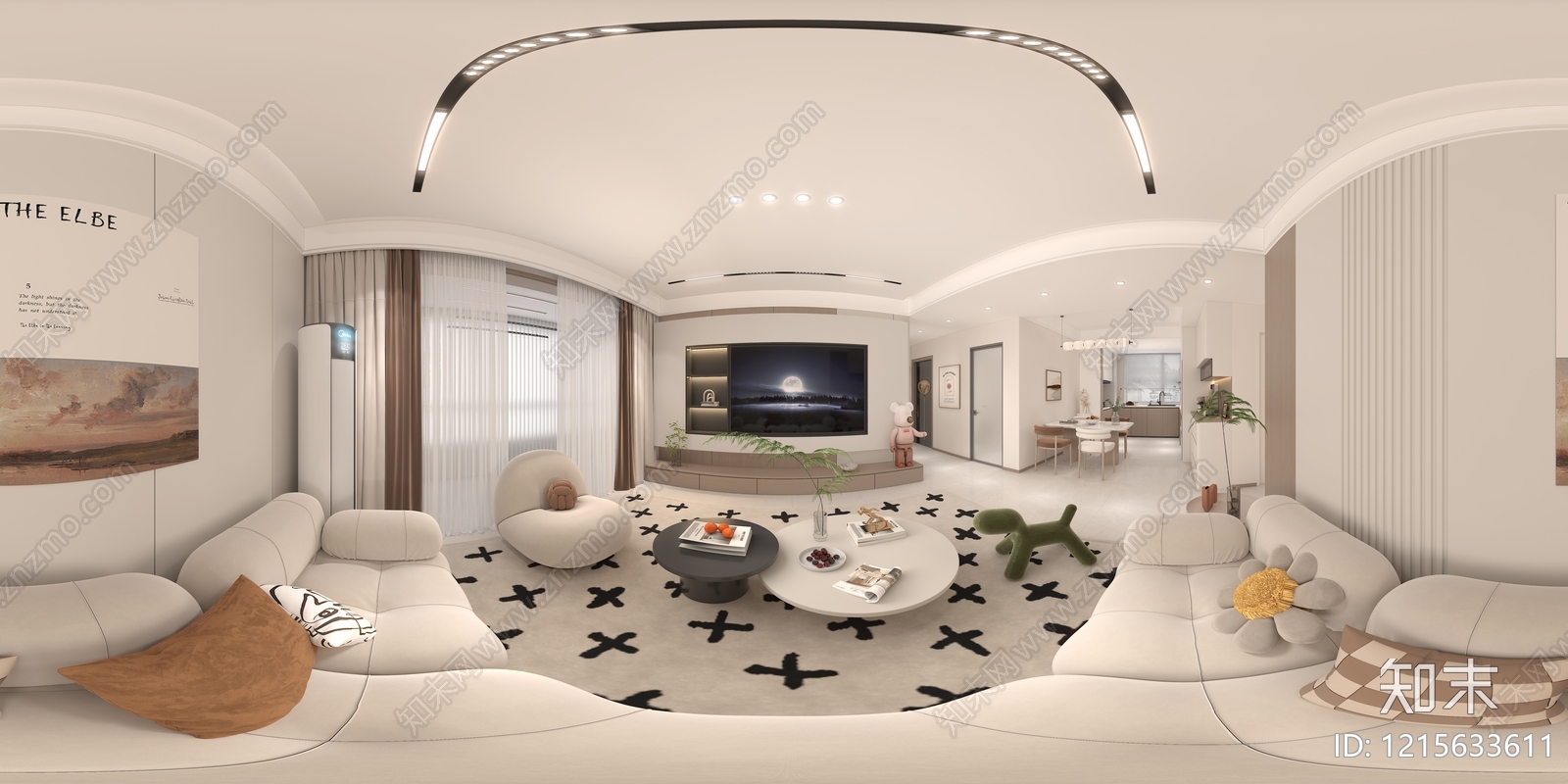 奶油风大平层客餐厅3D模型下载【ID:1215633611】