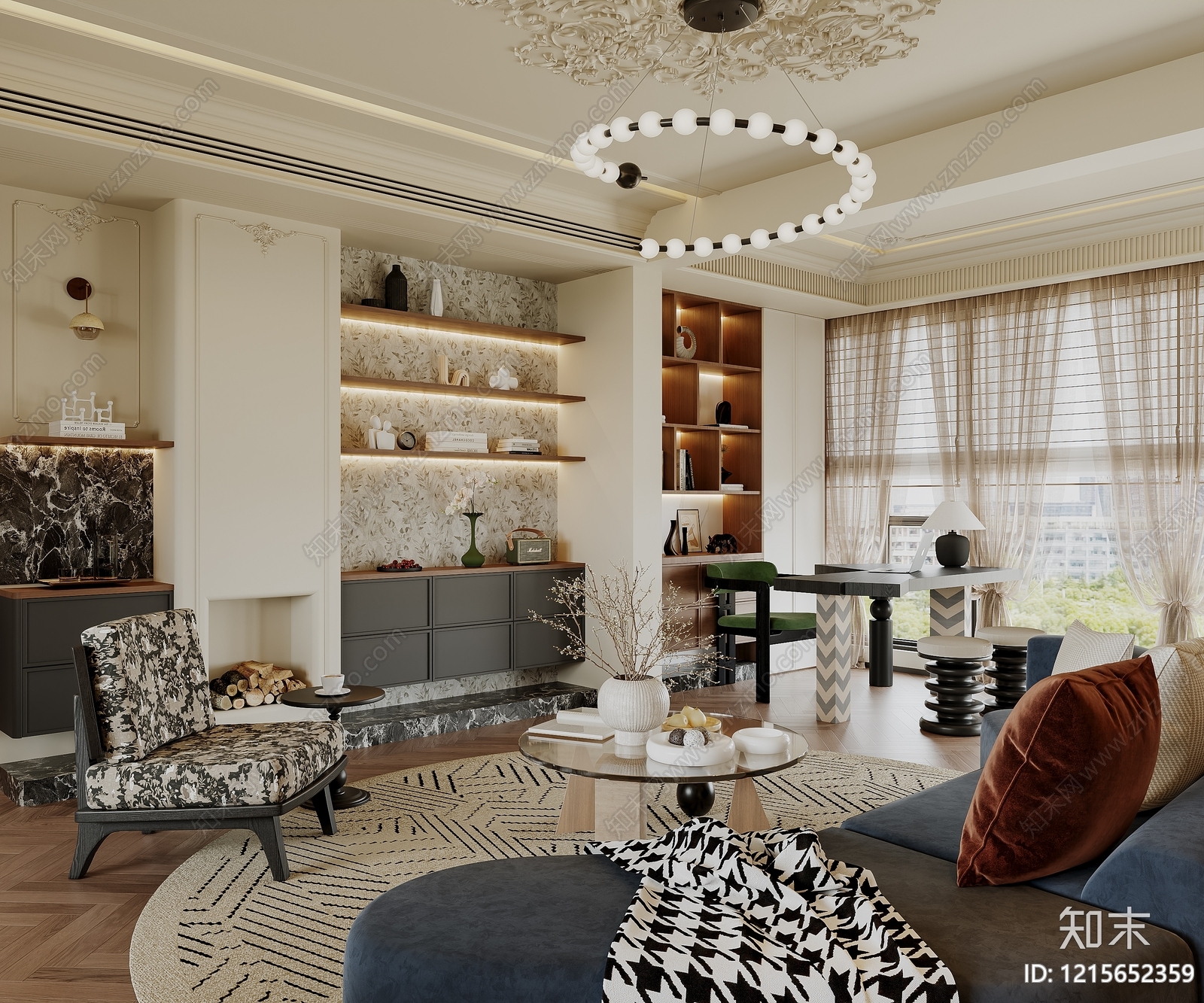 中古风大平层客餐厅3D模型下载【ID:1215652359】