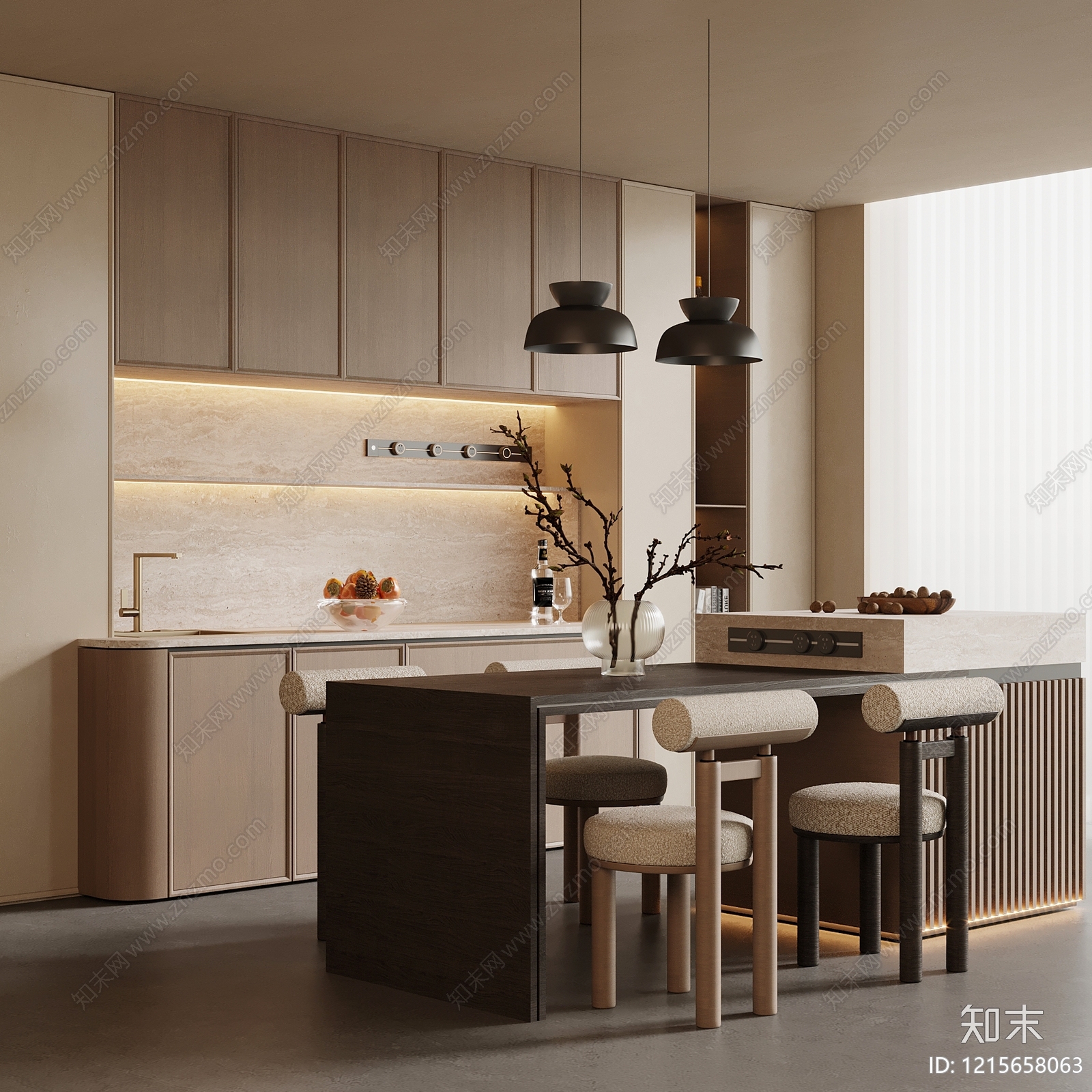 奶油风岛台餐厅3D模型下载【ID:1215658063】