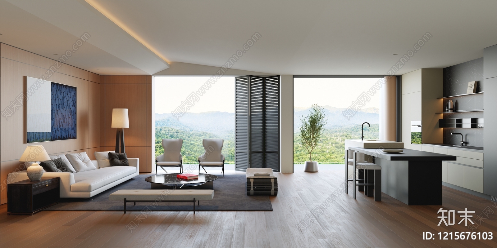 现代极简大平层客餐厅3D模型下载【ID:1215676103】