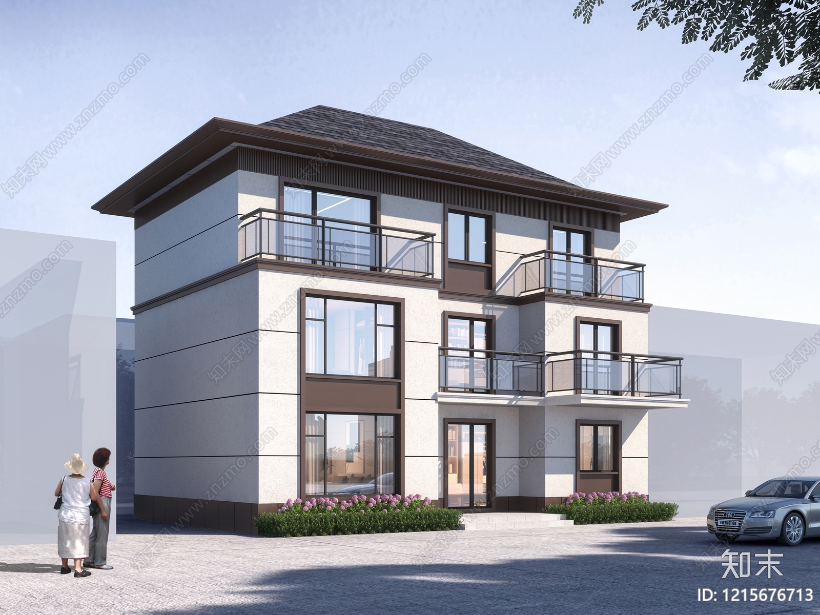 新中式别墅外观3D模型下载【ID:1215676713】