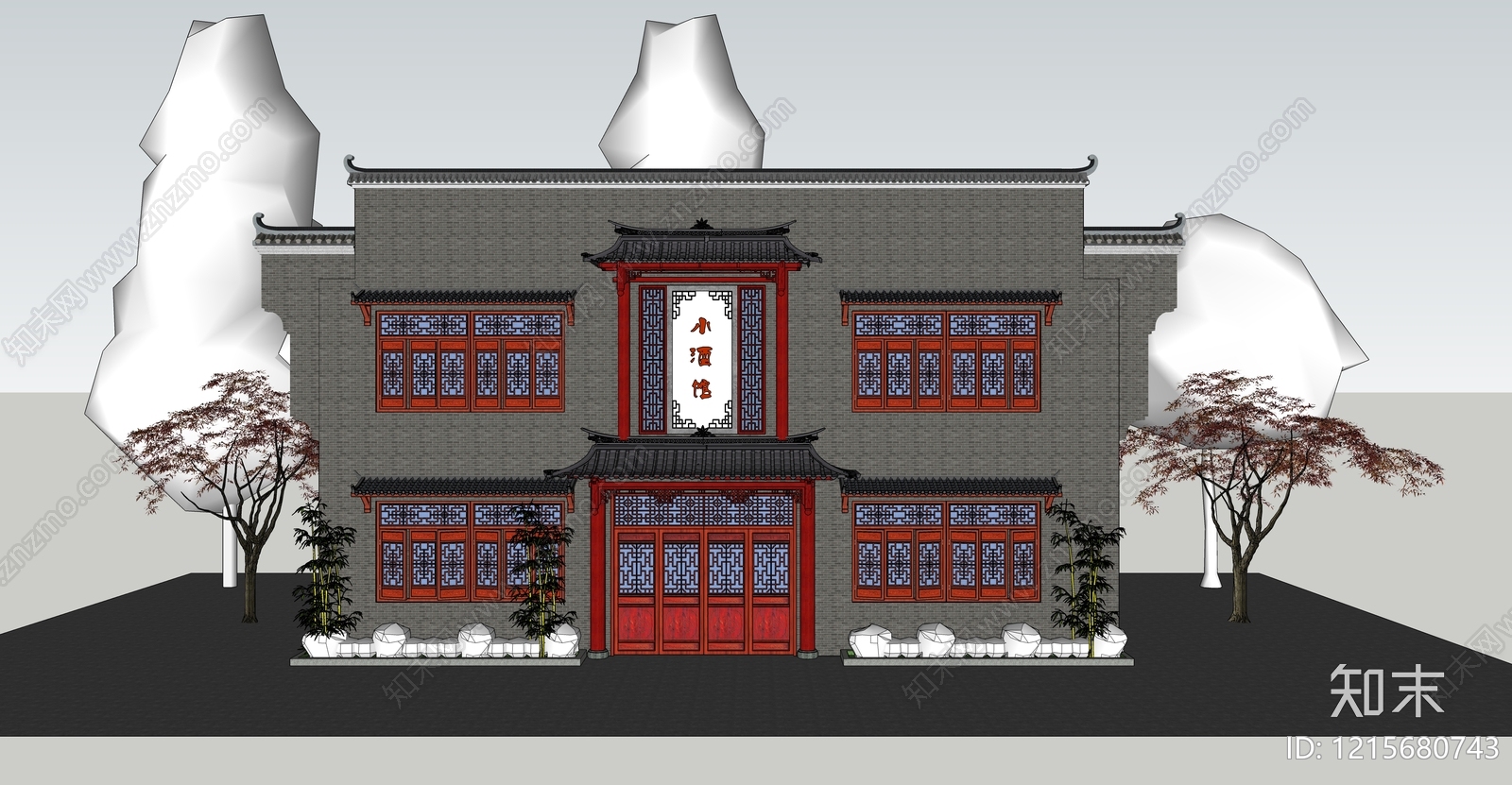 新中式餐饮建筑SU模型下载【ID:1215680743】