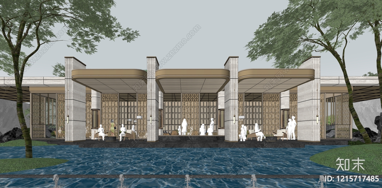新中式售楼处建筑SU模型下载【ID:1215717485】