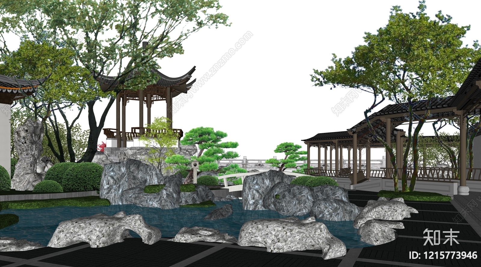 新中式别墅庭院SU模型下载【ID:1215773946】