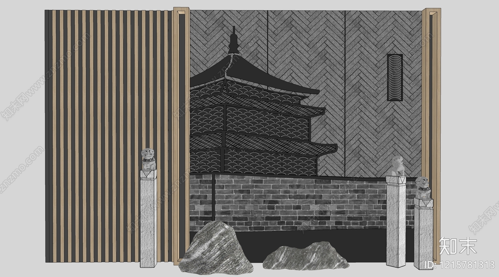 新中式景墙SU模型下载【ID:1215781313】