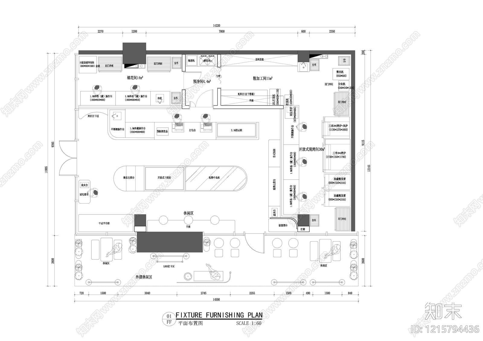 现代面包店cad施工图下载【ID:1215794436】