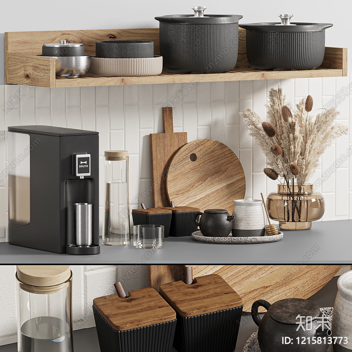 日式原木风厨房用品3D模型下载【ID:1215813773】