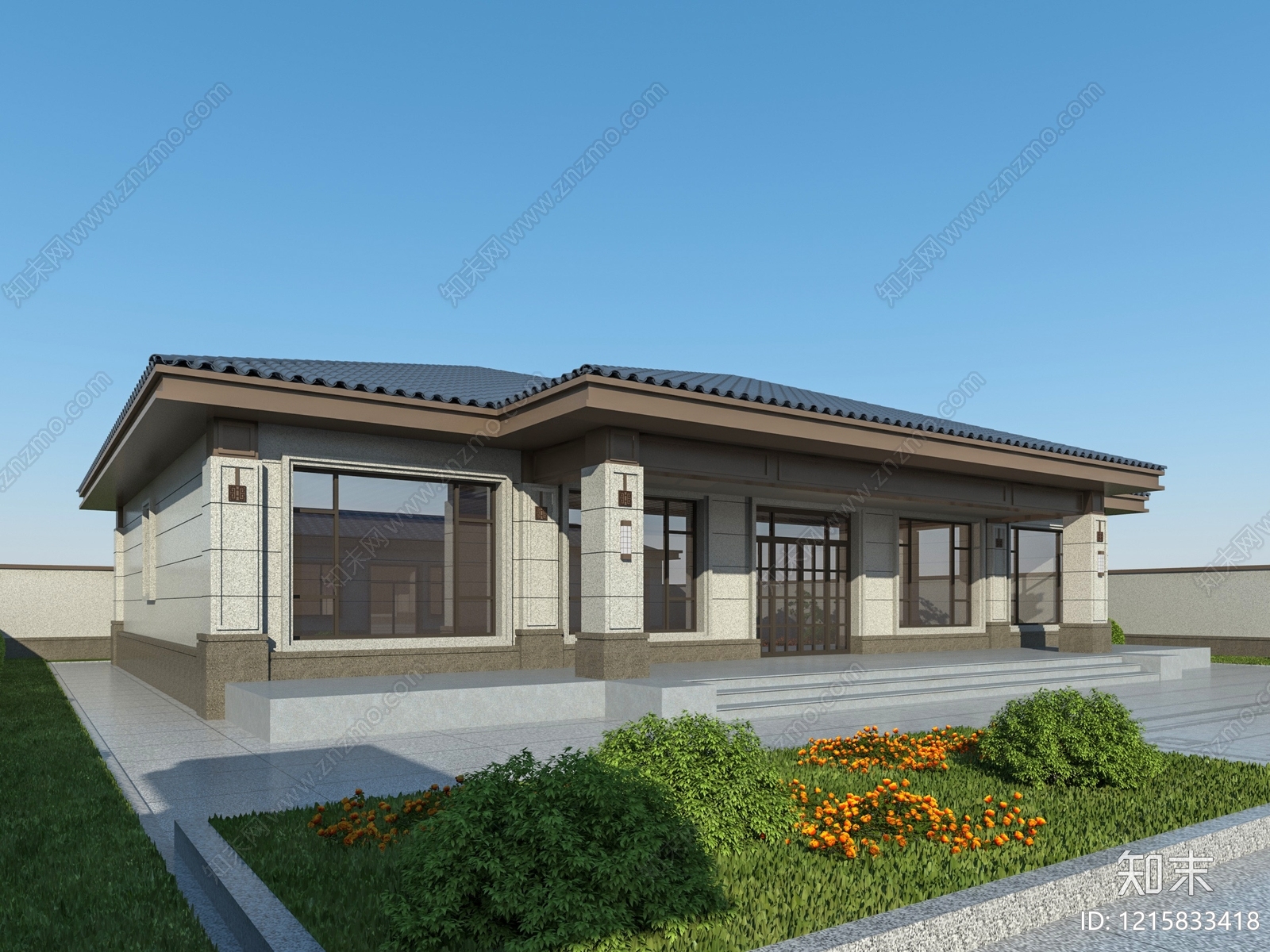 新中式别墅外观3D模型下载【ID:1215833418】