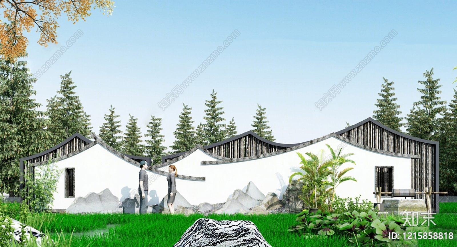 新中式景观雕塑3D模型渲染效果图