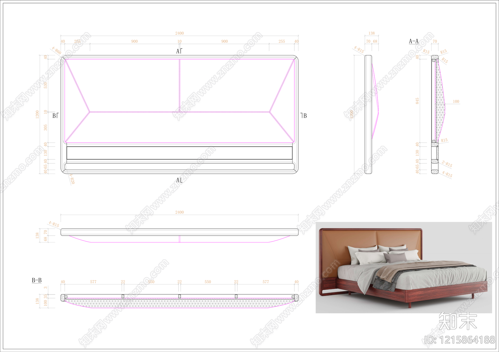 新中式中式床施工图下载【ID:1215864188】