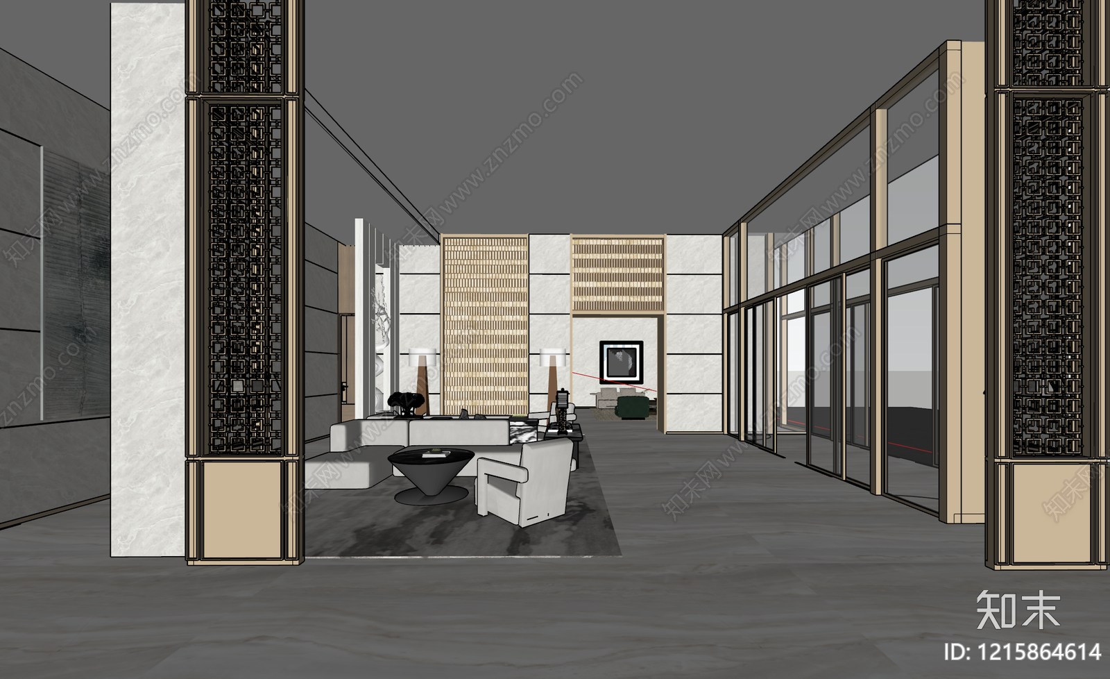 新中式酒店大堂SU模型下载【ID:1215864614】