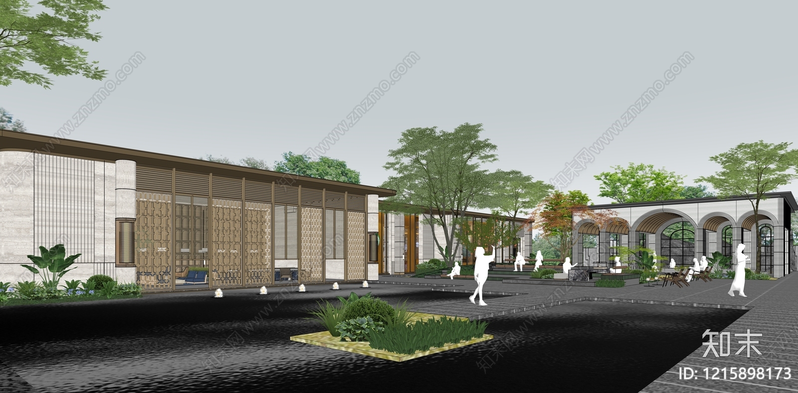 新中式售楼处建筑SU模型下载【ID:1215898173】