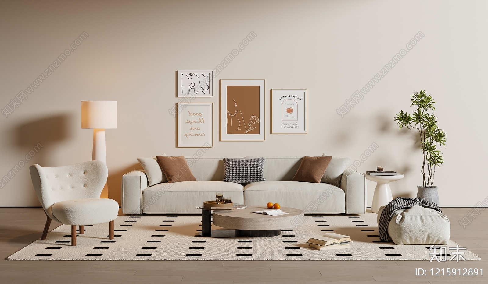 奶油风沙发组合SU模型下载【ID:1215912891】