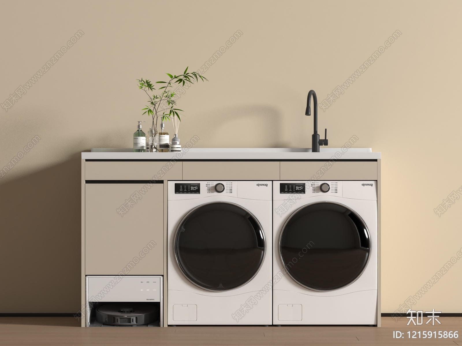 奶油风洗衣机柜3D模型下载【ID:1215915866】