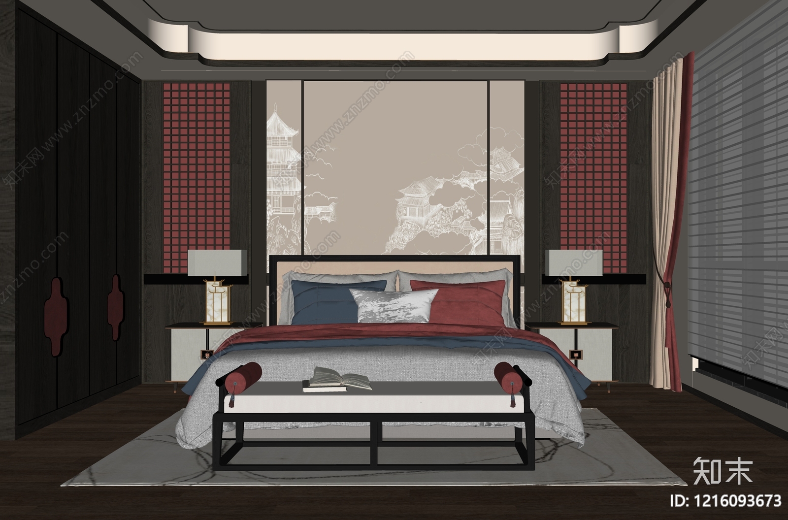 新中式主卧SU模型下载【ID:1216093673】