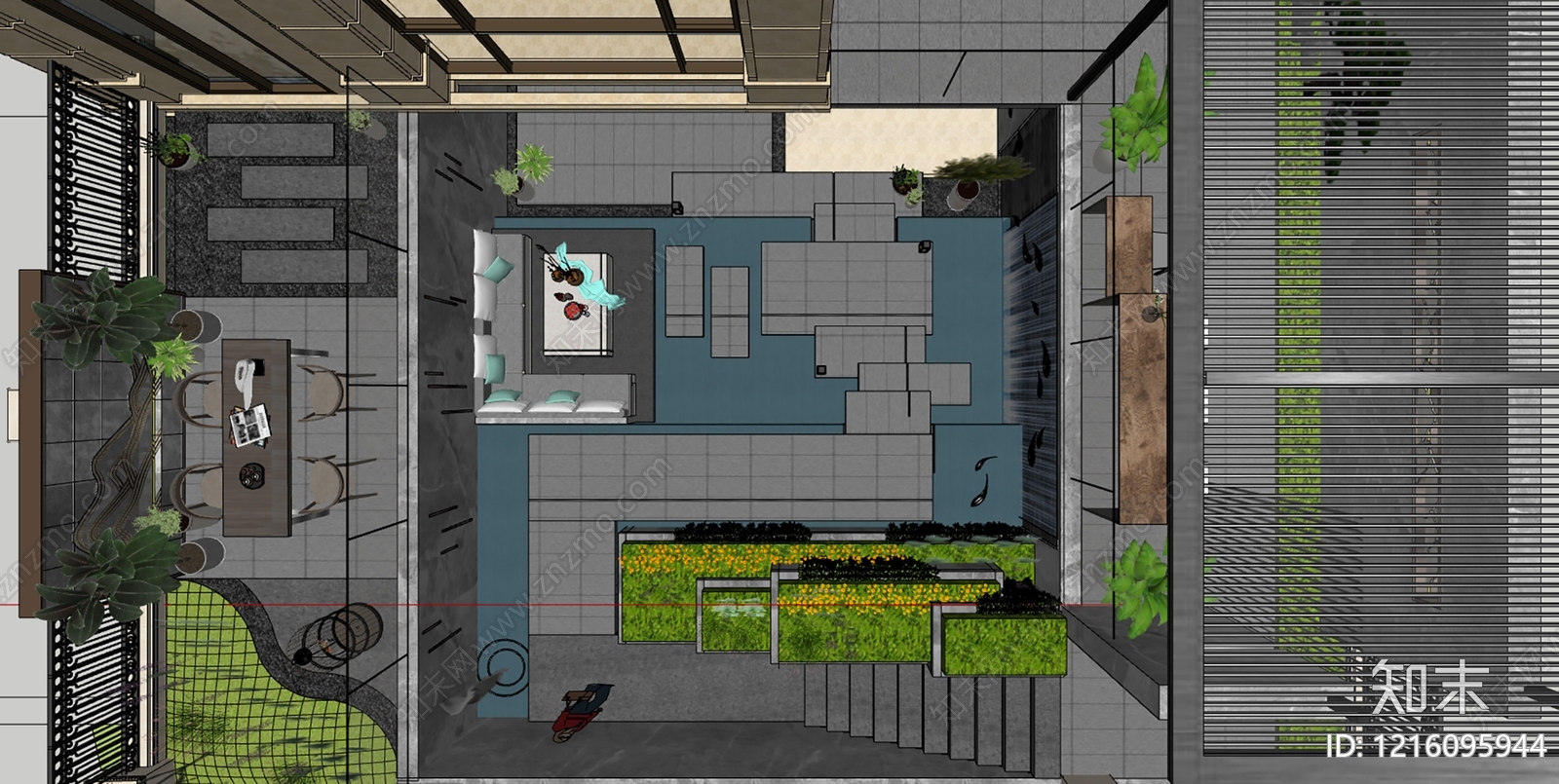 现代简约别墅庭院SU模型下载【ID:1216095944】