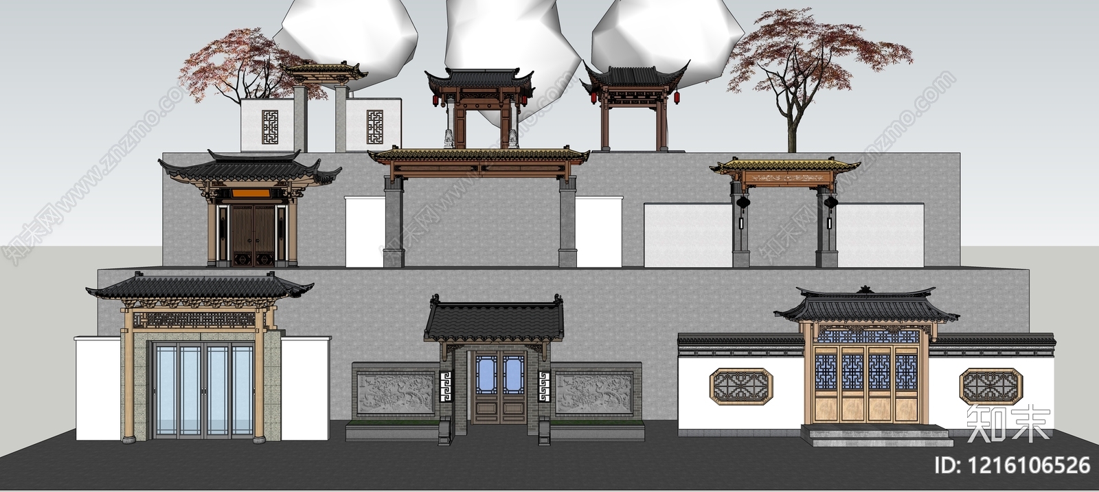 新中式入口大门SU模型下载【ID:1216106526】