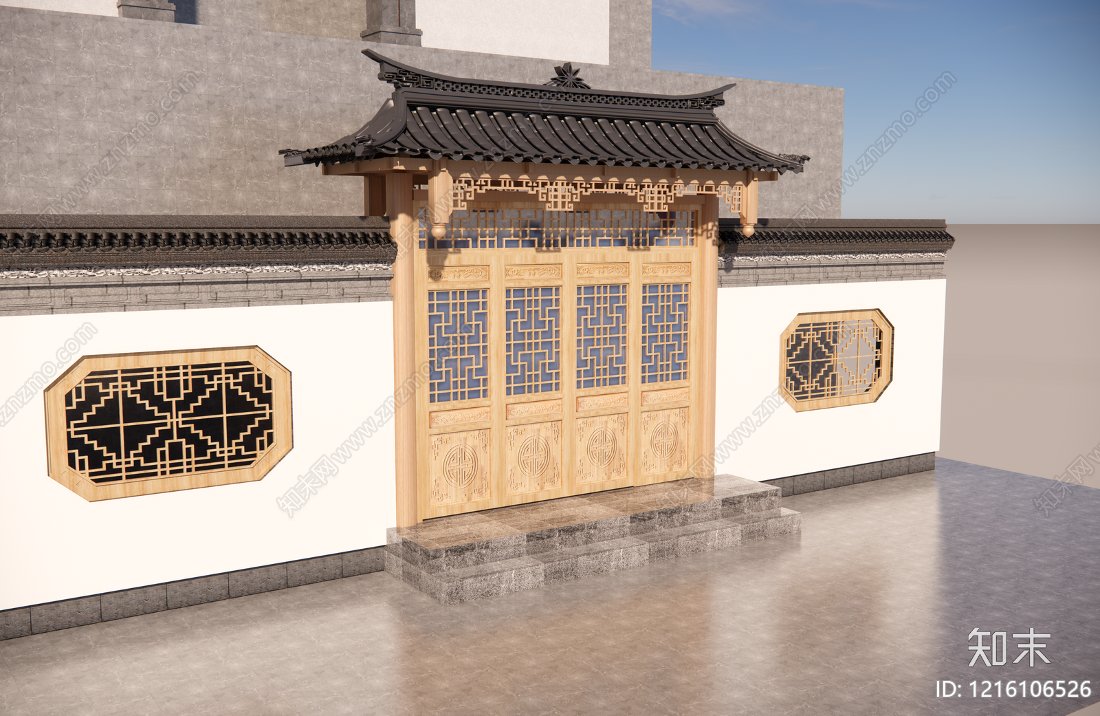 新中式入口大门SU模型下载【ID:1216106526】