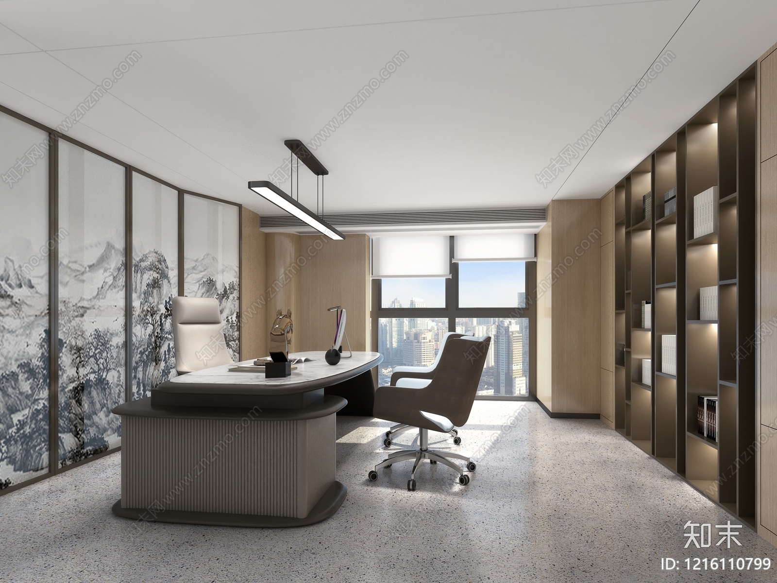 新中式董事长办公室3D模型下载【ID:1216110799】