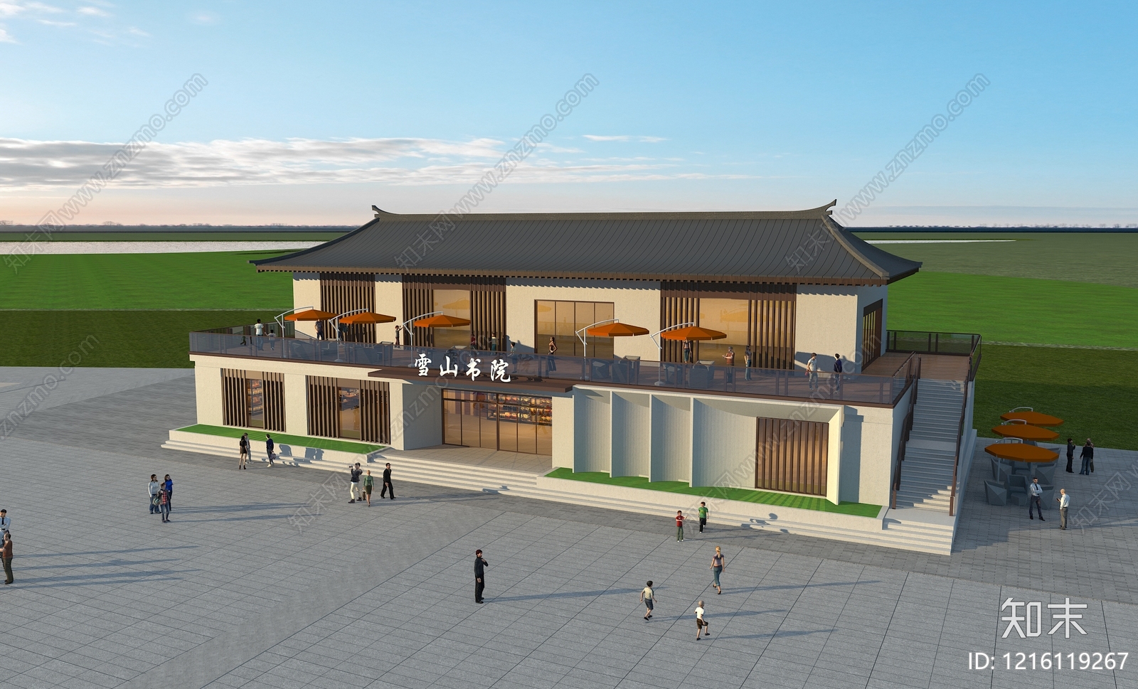 新中式图书馆外观3D模型下载【ID:1216119267】