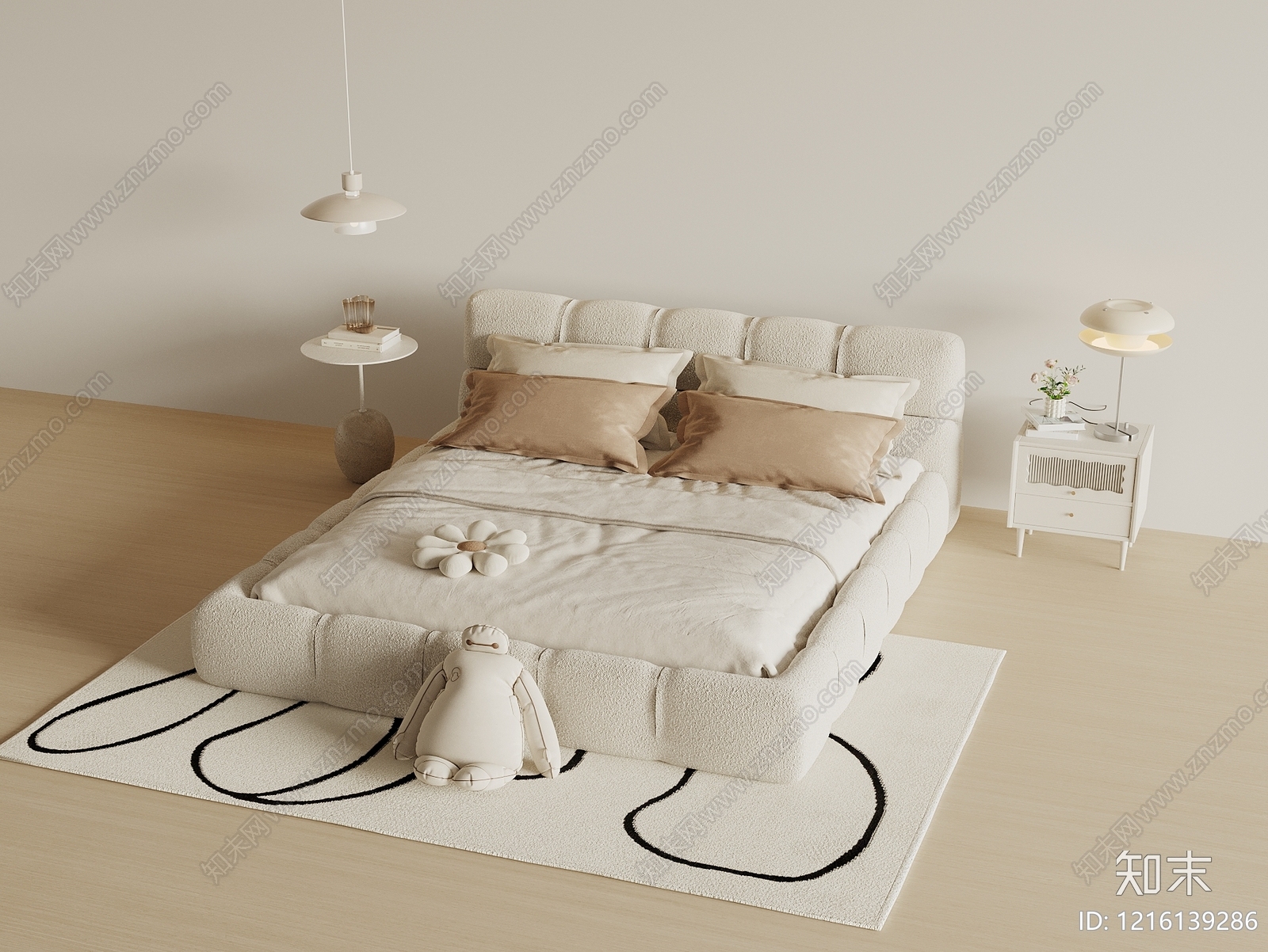 奶油风双人床3D模型下载【ID:1216139286】